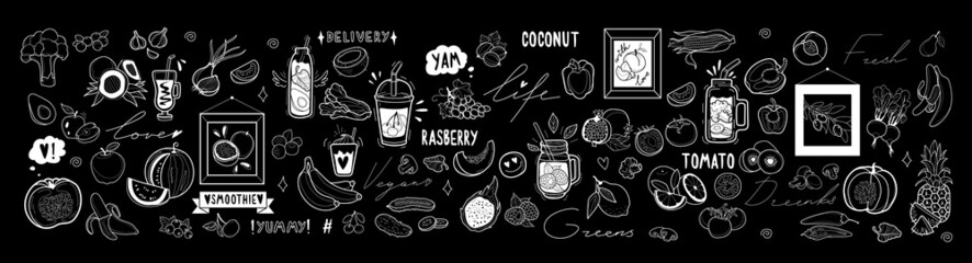 Big vector set of vegetarian health food fruits and vegetables, drinks and smoothie, blackboard or chalk board design, decoration items of cafe, fastfood menu. Hand drawing words. White outlines.