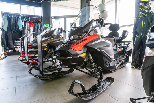 Rostov-on-Don, Russia - May 6, 2021: Close up of new BRP Ski-Doo Expedition SWT snowmobile set out in showroom for sale
