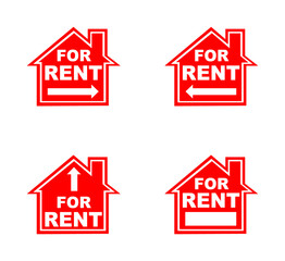 A set of 4 red house For Rent signs in red and white on a white background with arrows pointing in different directions and space to right contact details, isolated on white