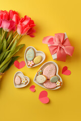 Obraz na płótnie Canvas Sweets, pastry, gingerbread cookies for Easter table. Easter eggs heart shaped decor plate, pink tulips on yellow background top view copy space, spring seasonal holiday banner for site, flyer, coupon