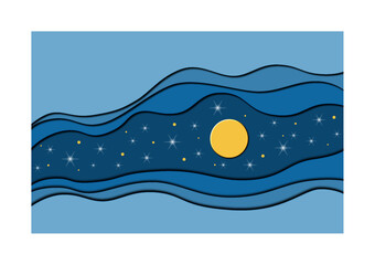 A 3D rendered illustration of a layered skyscape with the moon and stars in the background.