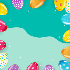 Fototapeta na wymiar Easter poster template with 3d realistic Easter eggs. Template for advertising, poster, flyer, greeting card. Vector Illustration