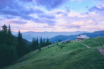 Naklejka premium Beautiful mountains landscape with green meadow and wooden house. Carpathians, Ukraine.