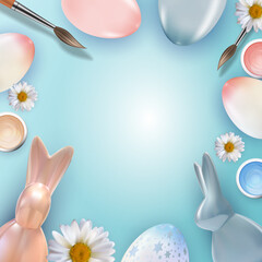 Easter poster template with 3d realistic Easter eggs. Template for advertising, poster, flyer, greeting card. Vector Illustration