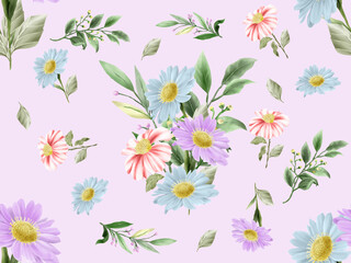 Seamless pattern with beautiful flower and leaves watercolor