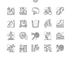 Urban sports. Footbag, cyclist, frisbee, football, badminton and other. Street dance. Pixel Perfect Vector Thin Line Icons. Simple Minimal Pictogram