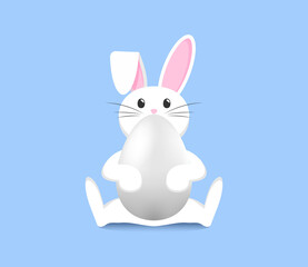 Cute hare is sitting with 3d realistic egg. Poster and banner template on blue background. Congratulations and gifts for Easter.