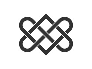 Celtic love knot. Two interlocking hearts. Old ornament symbolizing love. Eternal unity sign. Intertwined ropes. Infinity idea. Endless connection. Sacred geometry. Vector illustration, flat, clip art
