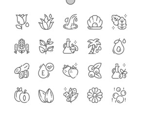 Fototapeta premium Cosmetic ingredients. Cucumber, rose, aloe vera, mint, lavender, jojoba and other. Vitamin E. Organic beauty and cosmetology. Pixel Perfect Vector Thin Line Icons. Simple Minimal Pictogram