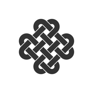 Ancient celtic knot icon. Interlaced loops as a symbol of eternity. Quadruple Solomon's knot. Decorative endless intertwined motif. Infinity idea. Old ornament. Vector illustration, flat, clip art. 