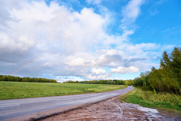 Countryside road. Asphalt road near rich green field with a forest nearby.