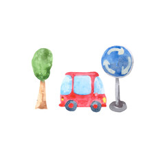 A red car, a tree and a road sign are watercolor elements isolated on a white background.