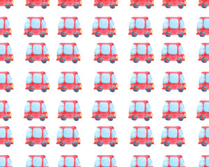 Seamless pattern with a red little car. Watercolor background for textile design, wallpaper, packaging or baby bedding.