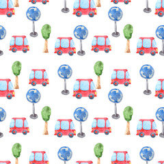 Seamless pattern with a small red car, a road sign and a tree. Watercolor background for textile design, wallpaper, packaging or baby bedding.