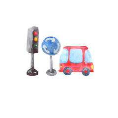 A red car, a road sign and a traffic light. Watercolor elements isolated on a white background for the decoration of illustrations about the road and adventures.