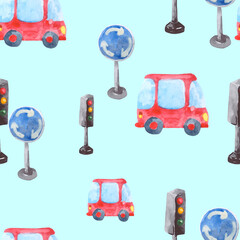 Seamless pattern with a small red car, a road sign and a traffic light. Watercolor background for textile design, wallpaper, packaging or baby bedding.