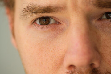 Macro shot of brown eyed handsome blonde man, close up of handsome man's part of face and eye.