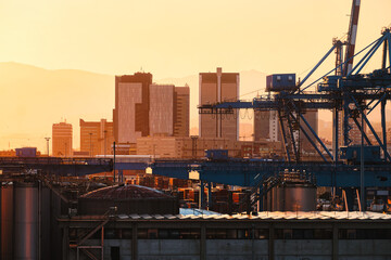 Fototapeta na wymiar wiew of Genoa port and financial district, with container cranes, shipping freight containers and chemical fuel storages