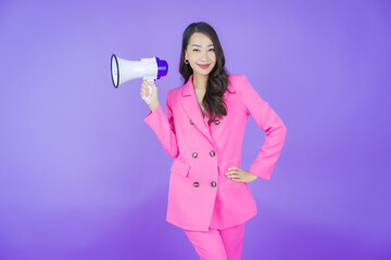 Portrait beautiful young asian woman smile with megaphone - 485083016