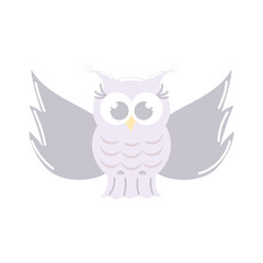 Cute blue owl flying. Drawing by hand. Childish cartoon illustration isolated on white background. Neutral color palette.