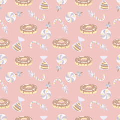 Delicate pink seamless pattern with sweets. Square pattern with donuts, lollipops and candies.