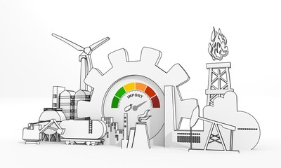 Energy and power industrial concept. Industrial icons and gear with meter scale of import. 3D Render