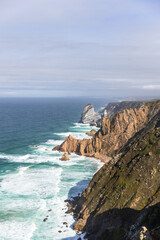 aerial view  of beautiful rocks, beach and atlantic ocean in portugal