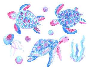 Watercolor turtle, medusa and seaweed in pink cyan colors. Sea set for textile, banners print. Ecology  ocean - 485083819