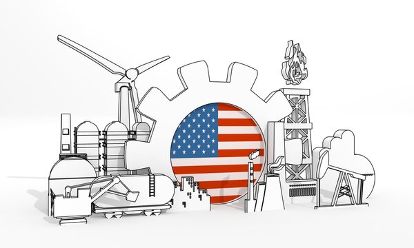Energy and power industrial concept. Industrial icons and gear with flag of USA. 3D Render
