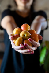 girl holding apricots