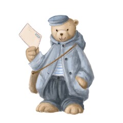 cartoon bear postman with letter, romantic watercolor style illustration, valentines clipart