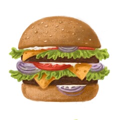 tasty pastel hamburger, hand drawn clipart, watercolor style food illustration