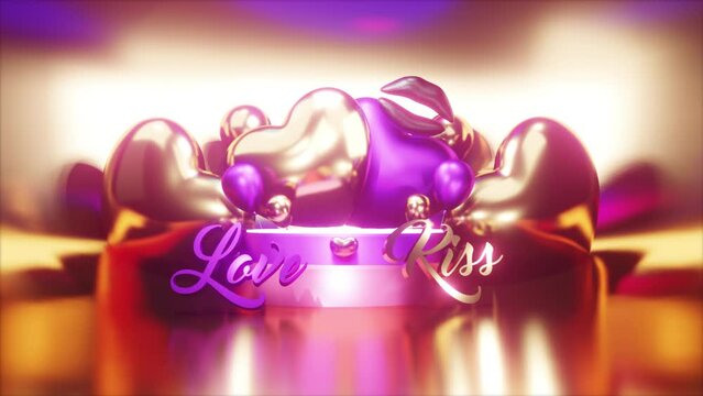 Love Kiss Gold| Purple, Golden Metallic 3d Background, 4k. Apple ProRes. Loop, hearts for Valentine's day, Valentines day.