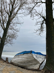 
Winter landscape with a boat - 485084879