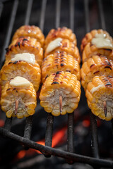 Sweet corncob on grill on bonfire with flames.