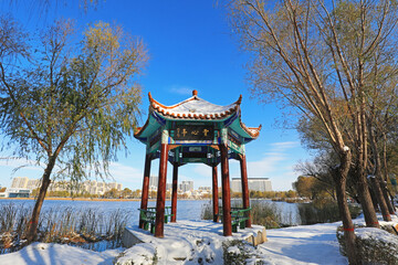 The traditional Chinese Pavilion is built in the snow, North China