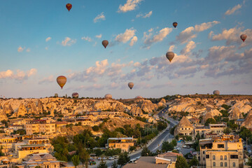 Cappadocia, Turkey - September 2021 – romantic relaxing terraces in the historic Goreme town center surrounded by volcanic fiery chimneys Cappadocia