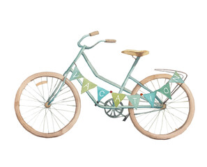 Fototapeta na wymiar Watercolor vacation illustration. Isolated bike on white background. Summer romantic artwork with bicycle