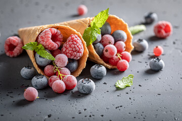Fresh sorbet with frozen berries in cone.
