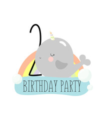 Birthday Party, Greeting Card, Party Invitation. Kids illustration with cute baby narwhal or whale unicorn character with the inscription two. Vector illustration in cartoon style.