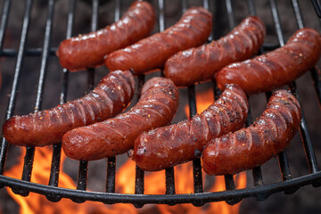 Tasty grilled sausages seasoning with spicy spices.