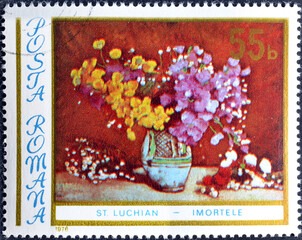 Cancelled postage stamp printed by Romania, that shows Painting by Stefan Luchian, circa 1976.