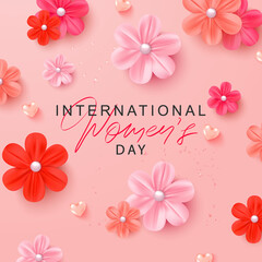 International Women's Day is March 8th. Floral spring background with pink and orange flowers, hearts. Happy women's Day. A template for postcards, an ad for sale