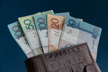 Belarusian money in a brown leather wallet on a blue background. Banknotes of the Republic of Belarus. Belarusian currency. Close-up.