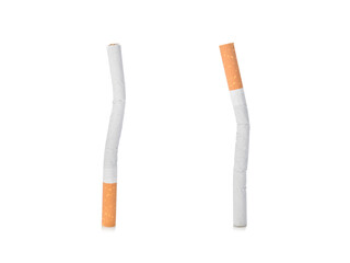 Two deformed cigarettes isolated on white background    