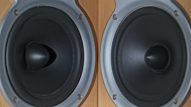 Two Audio speakers vibrate from sound bass in slow motion, close-up. Black rubber diffusers of loudspeakers in a wooden audio system. Powerful membranes oscillate in low frequencies loud. Stereo. 4K