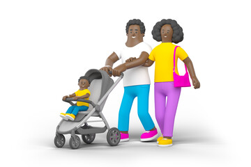 Black Family with Son in Baby Carriage People Walking isolated o