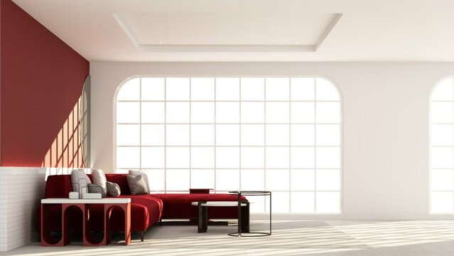 build up Interior in art minimalist style in the living room. using wood red material and light gray cloth on parquet floor and arched walkways with large windows 3d render animation looped