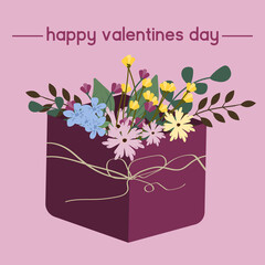 6.	Happy Valentine's Day greeting card. Wildflowers in a gift box.Suitable for social media posts, mobile apps, banners design and web/internet ads. Vector fashion backgrounds.