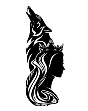 fairy tale queen or princess wearing royal crown with howling wolf profile head black and white vector silhouette portrait
